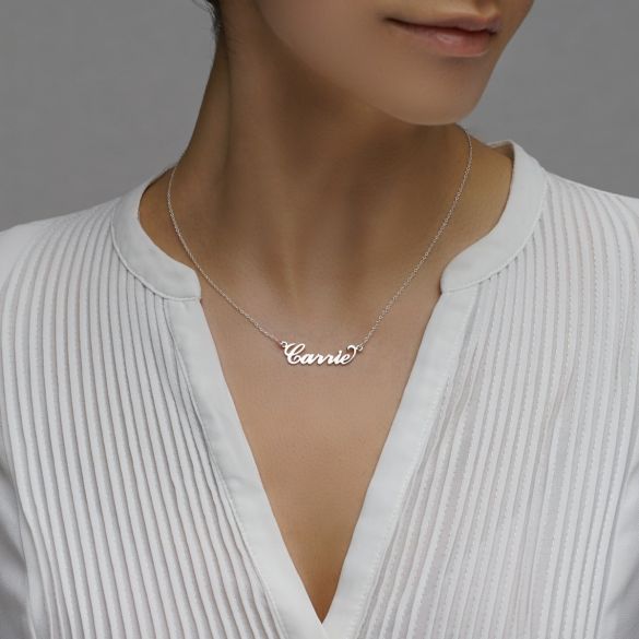 9ct White Gold Carrie Style Personalised Name Necklace with Curl - Love Silver Jewellery