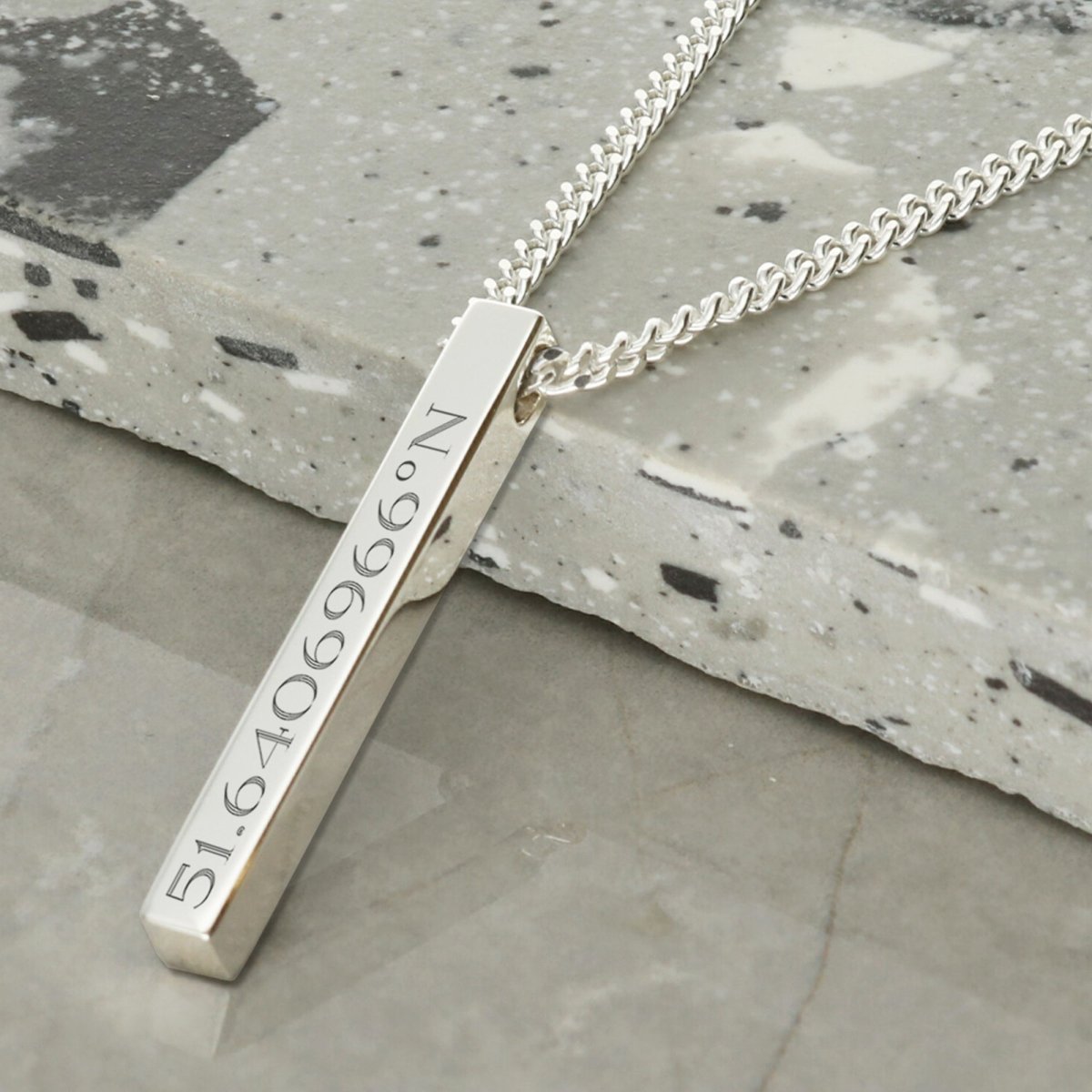 Mens Silver 3D Engraved Bar Pendant Necklace - Love Silver Jewellery