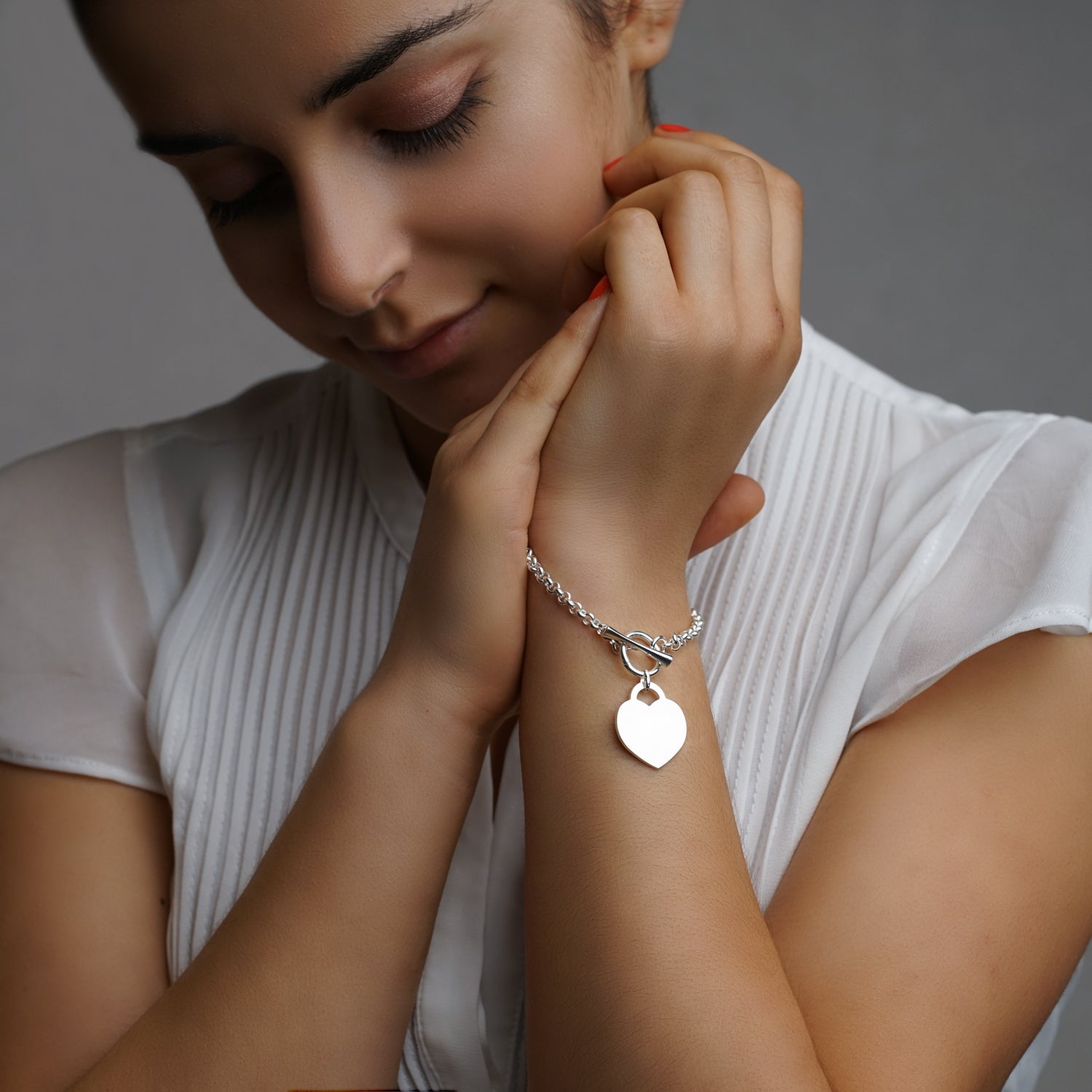 Sterling Silver Heart Tag Toggle Bracelet & Optional Engraving