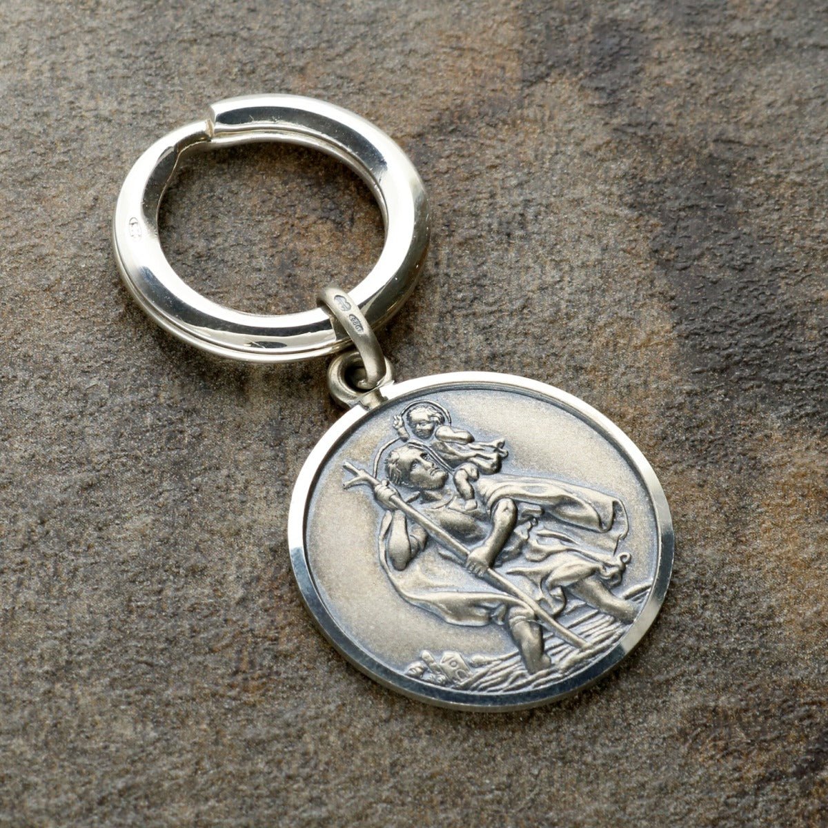 Antique Finish Sterling Silver 27mm St Christopher Keyring With Travellers Prayer and Optional Engraving - Love Silver Jewellery