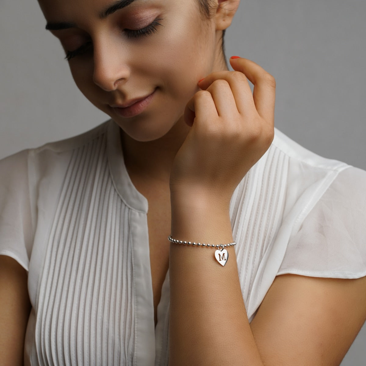Sterling Silver Bead Ball Bracelet With Initial Heart Charm