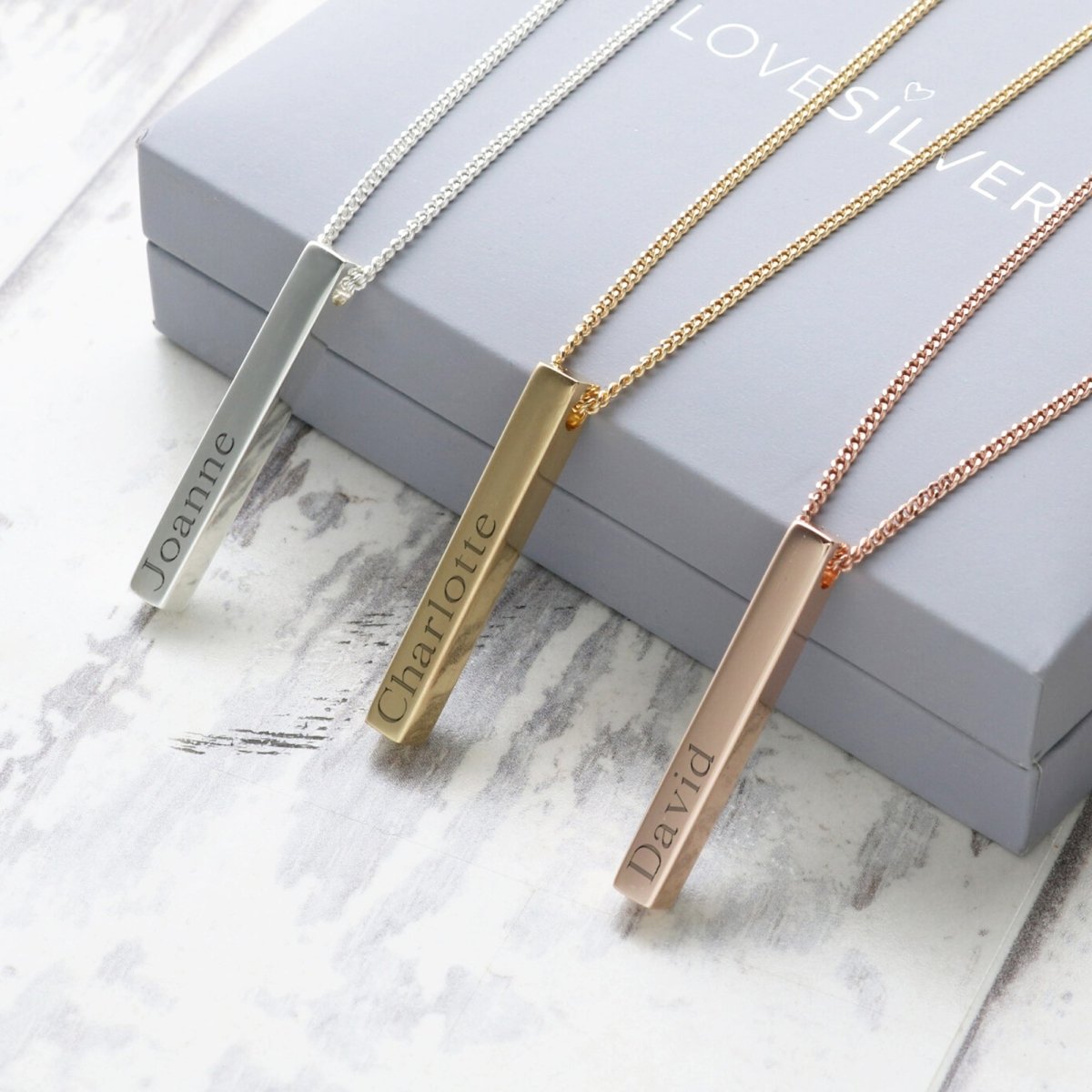 3D Engraved Name Bar Pendant With Chain - Love Silver Jewellery