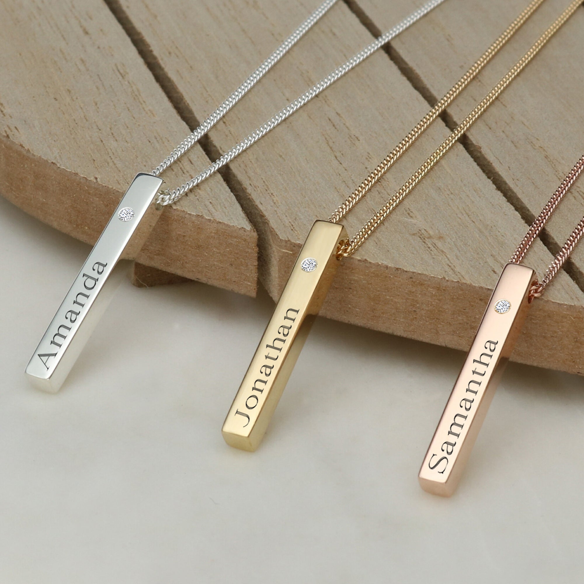 3D Engraved Name Bar Pendant With CZ Crystal & Chain