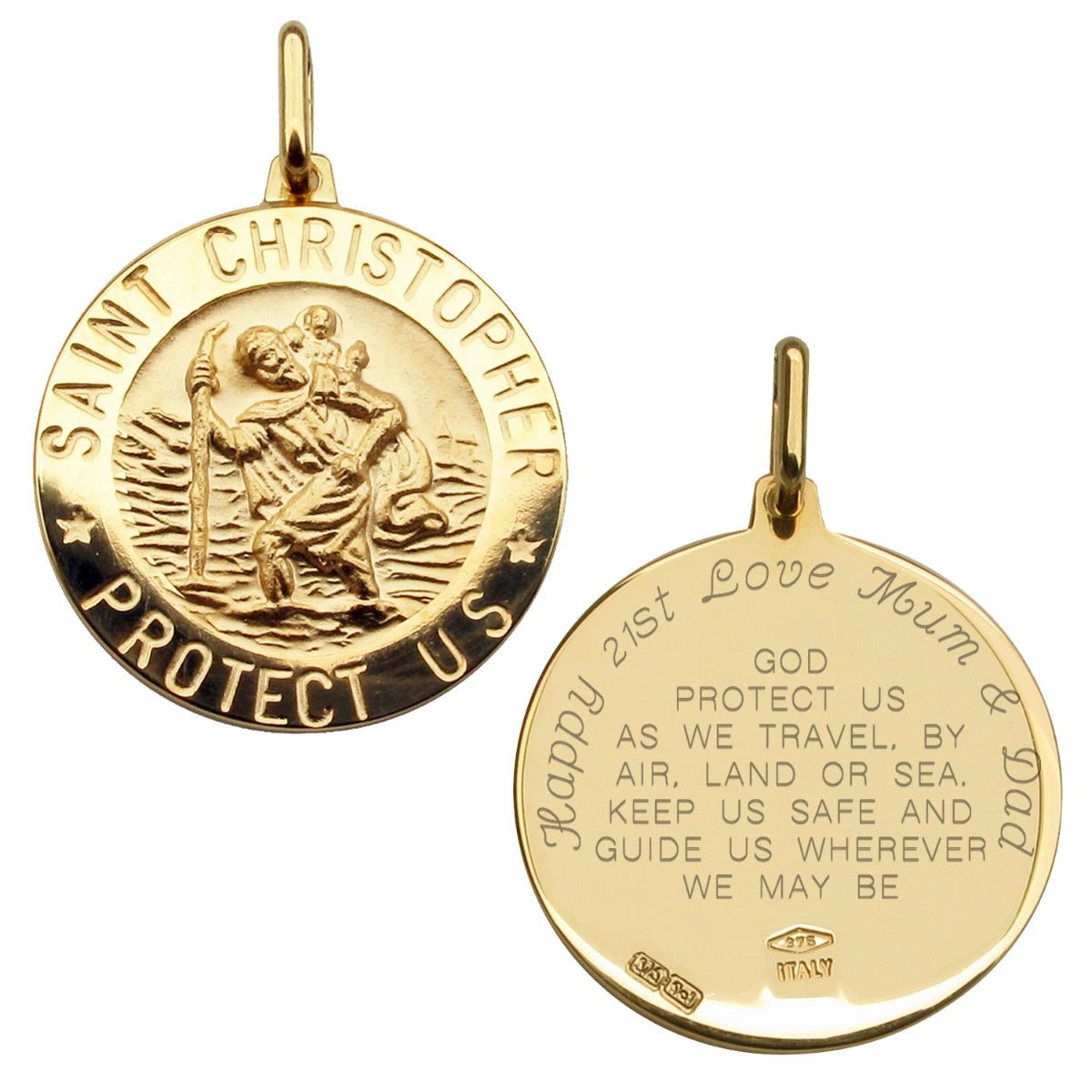 9ct Yellow Gold 21mm 3D St Christopher Pendant With Travellers Prayer Optional Engraving and Chain - Love Silver Jewellery