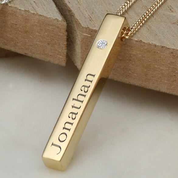 3D Engraved Name Bar Pendant With CZ Crystal & Chain