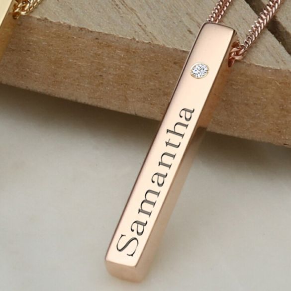 3D Engraved Name Bar Pendant With CZ Crystal & Chain