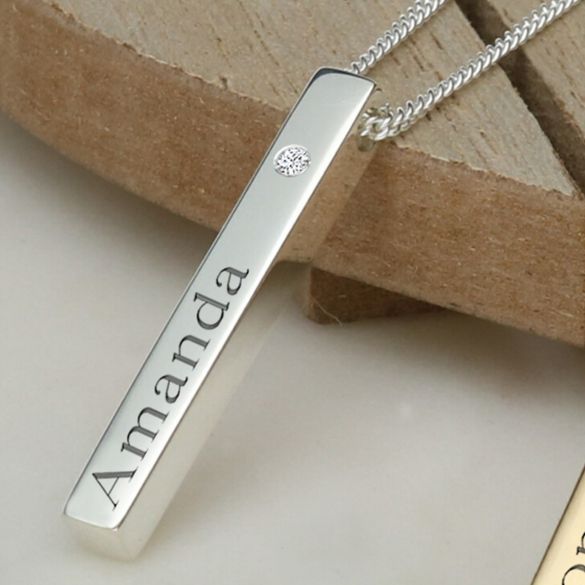 3D Engraved Name Bar Pendant With CZ Crystal & Chain - Love Silver Jewellery