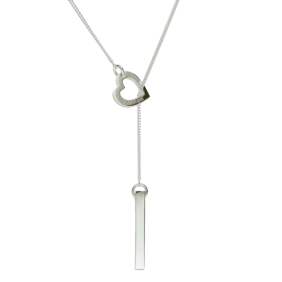 Sterling Silver Engraved Heart & 3D Name Bar Slip Through Necklace