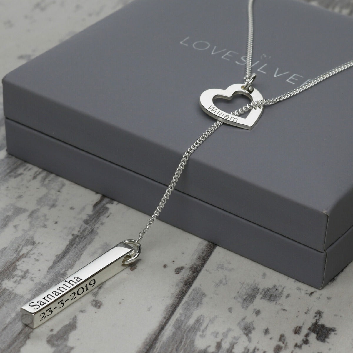 Sterling Silver Engraved Heart 3D Name Bar Slip Through Necklace