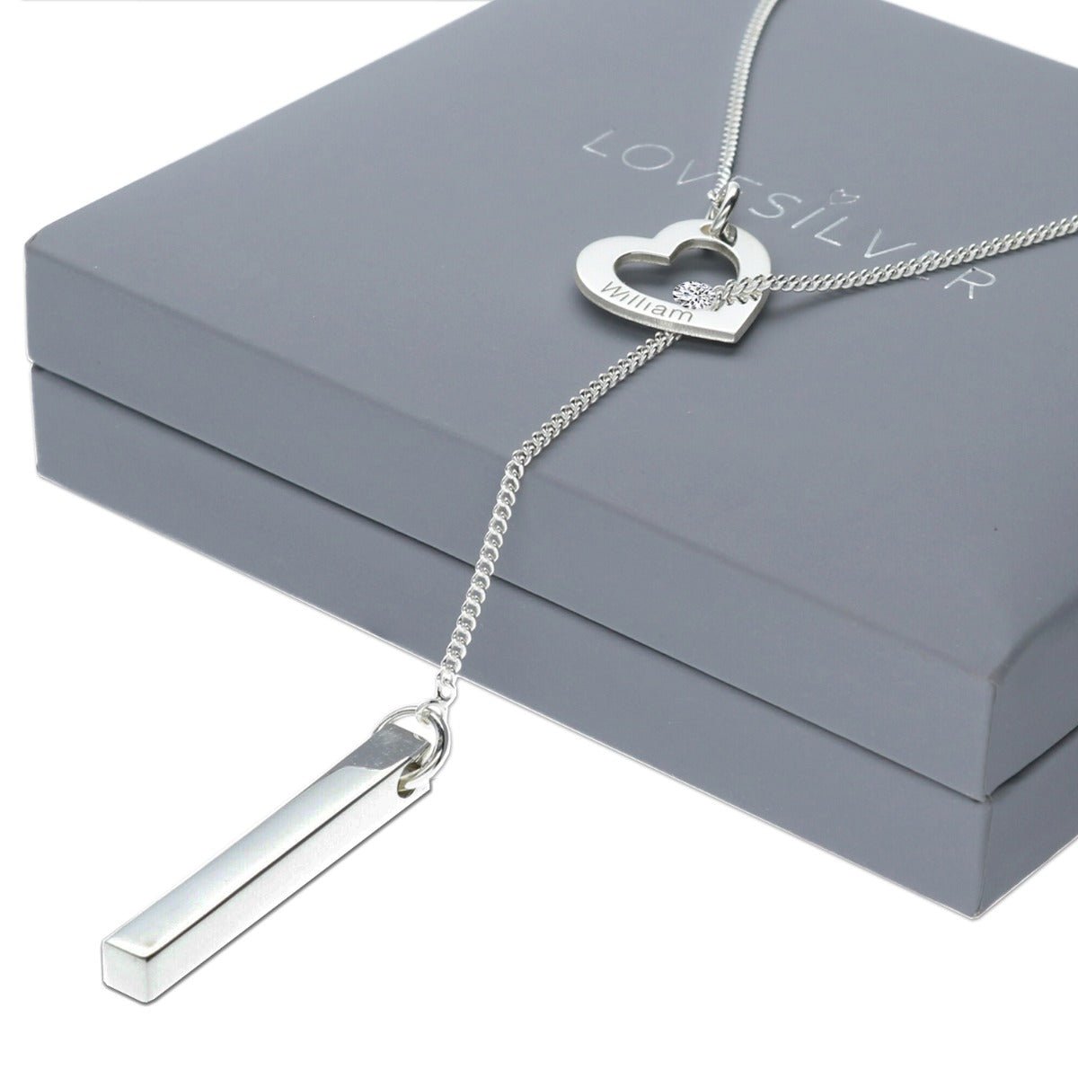 Sterling Silver Engraved Heart & 3D Name Bar Slip Through Necklace With Crystal Or Real Diamond - Love Silver Jewellery