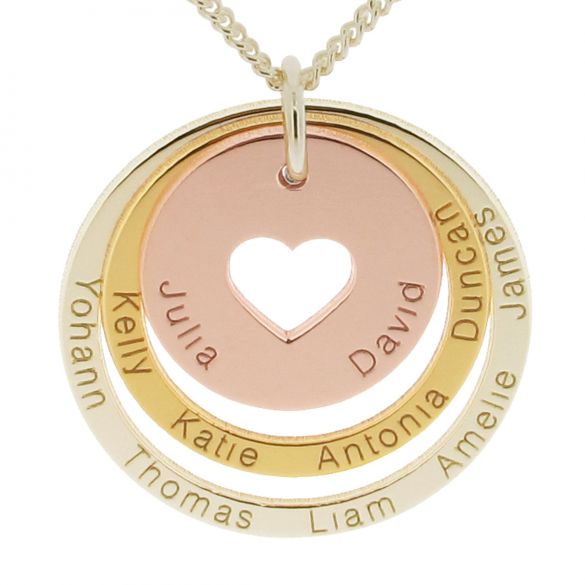 Three Colour 9ct Gold Vermeil Two Disc Cut Out Heart Personalised Family Necklace