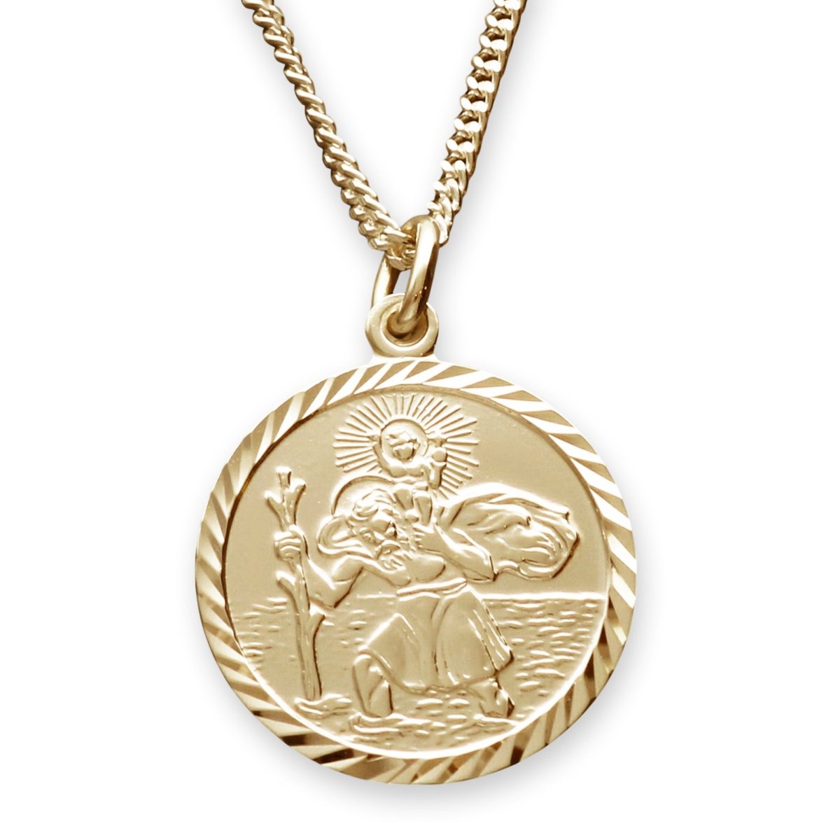 9ct Yellow Gold Plated Diamond Cut 19mm St Christopher Pendant With Optional Engraving and Chain - Love Silver Jewellery