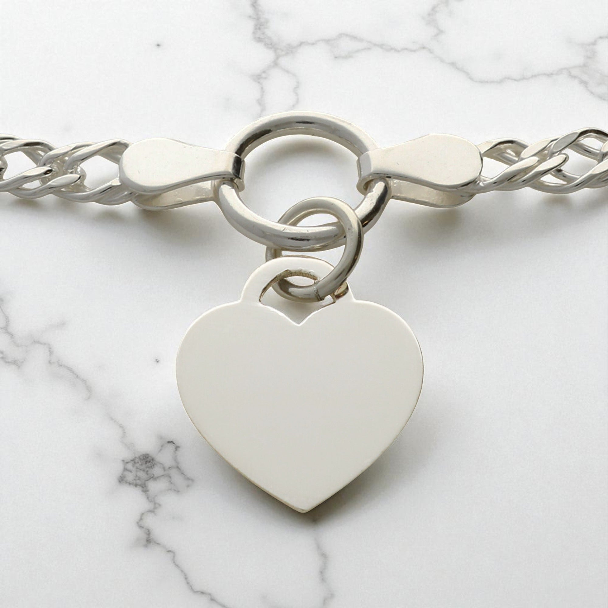Sterling Silver Ladies Heart on Fancy Double Curb Chain Bracelet With Optional Engraving