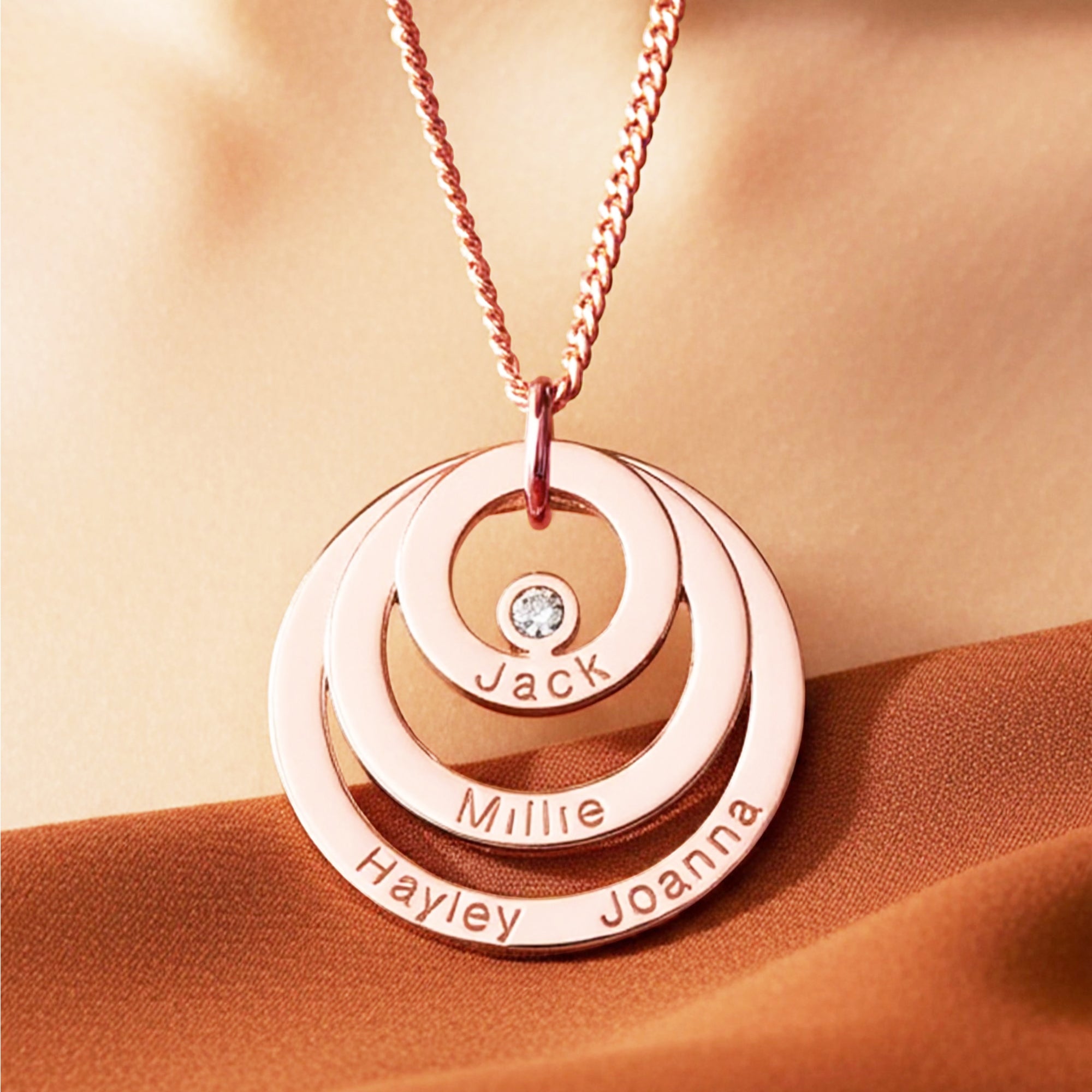 9ct Rose Gold Triple Disc Personalised Family Necklace With Diamond or Crystal