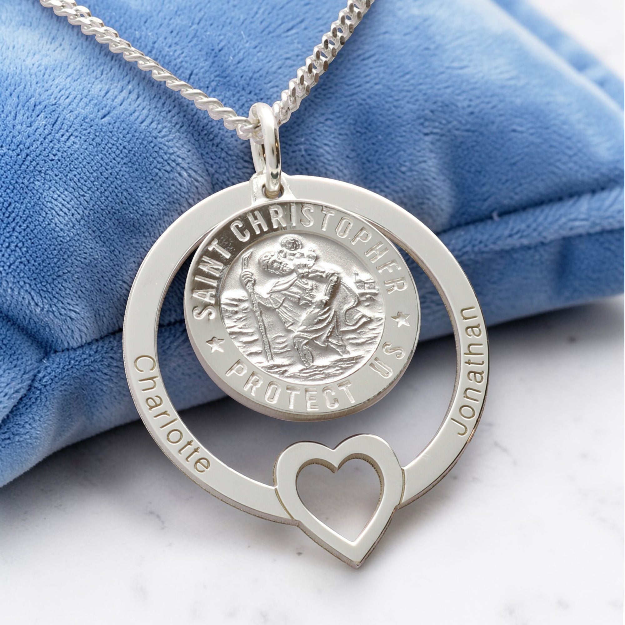 Sterling Silver Personalised Heart 3D St Christopher Family Necklace