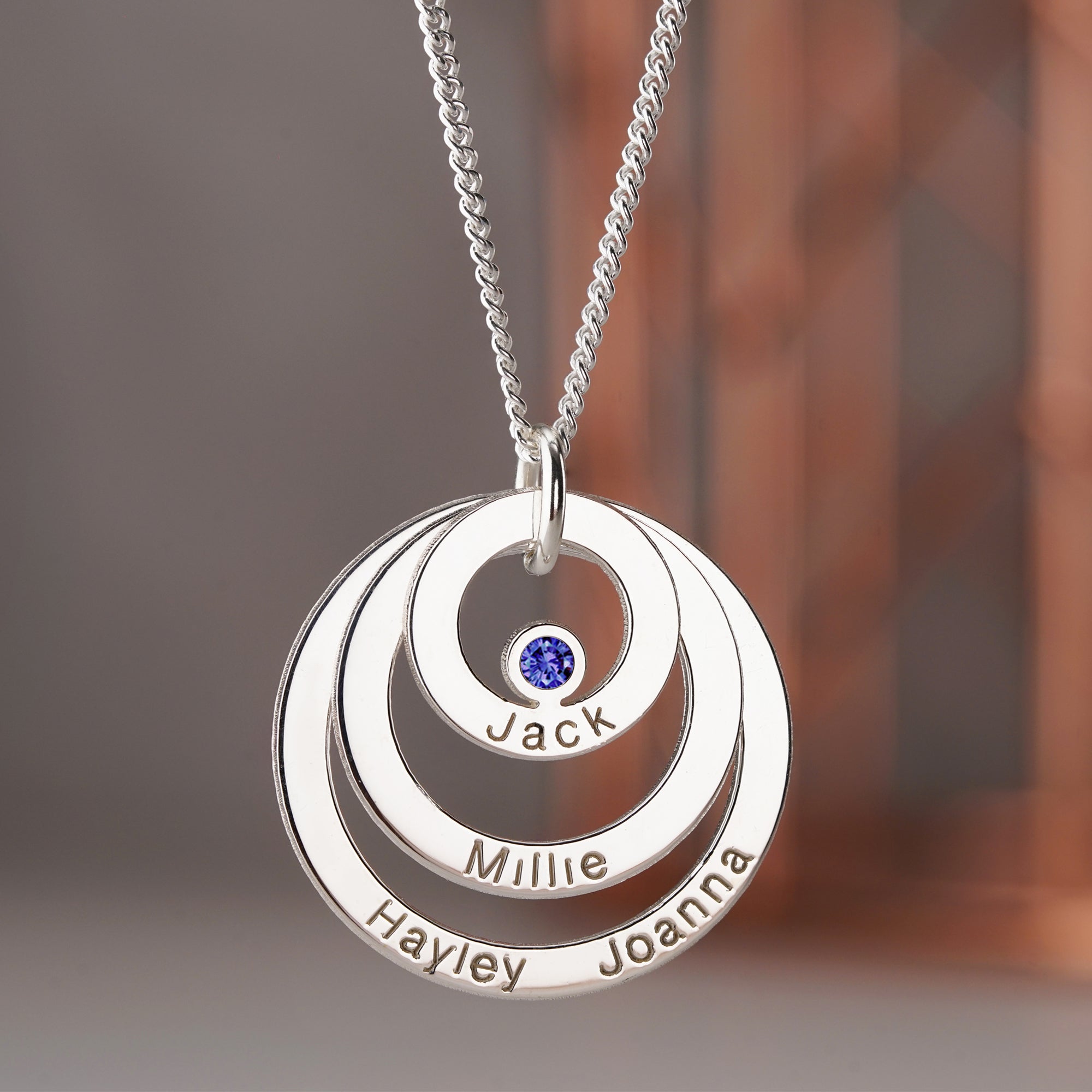 9ct White Gold Engraved Triple Disc Personalised Family Necklace With Sapphire