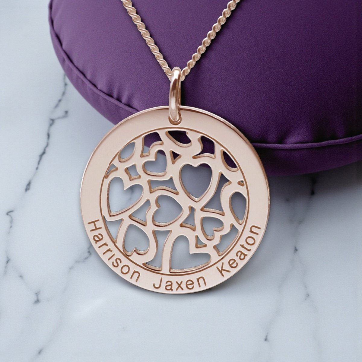 9ct Rose Gold Hearts in Personalised Disc Pendant with Optional Necklace Chain - Love Silver Jewellery