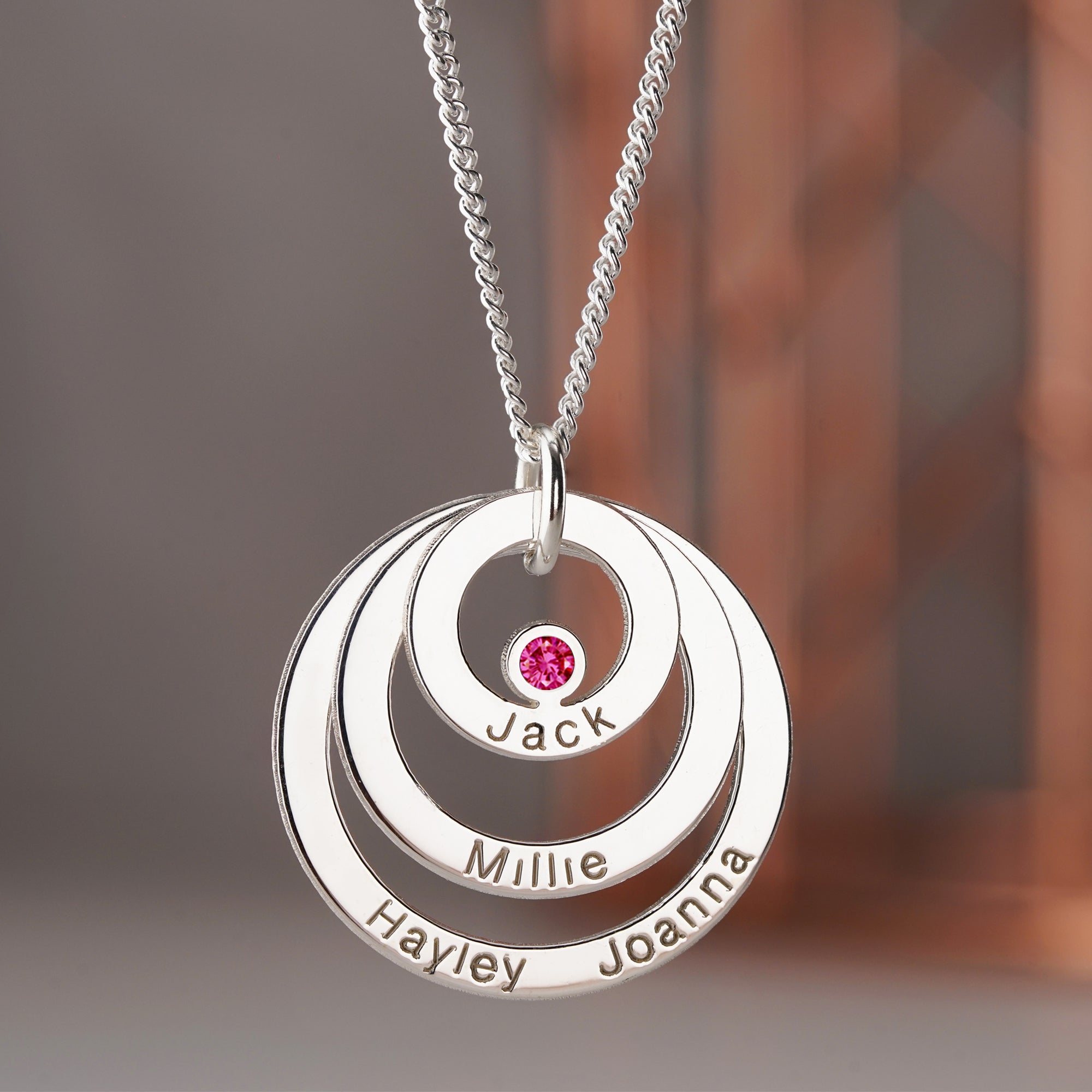 9ct White Gold Engraved Triple Disc Personalised Family Necklace With Ruby