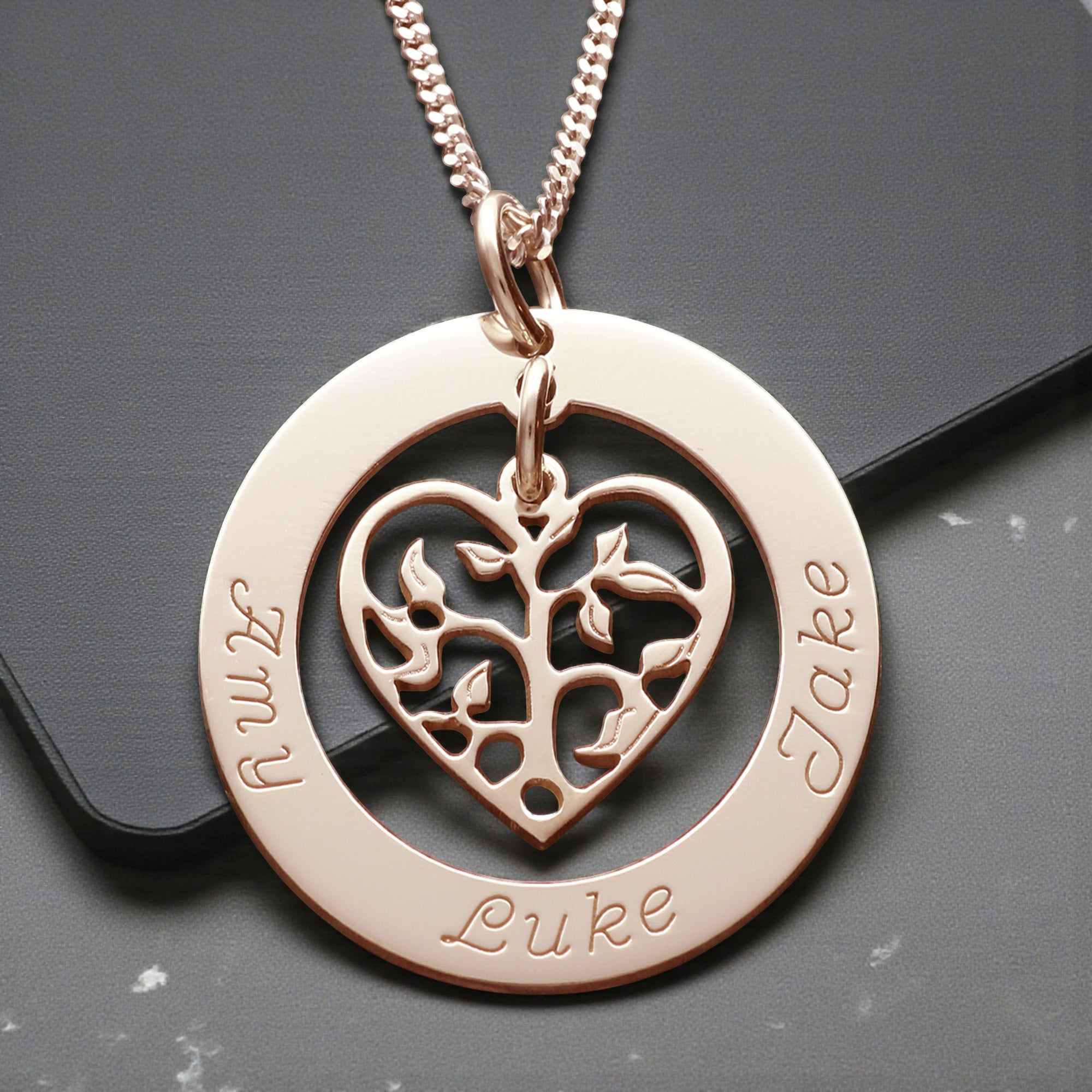 9ct Rose Gold Plated Filigree Heart Tree of Life Family Necklace