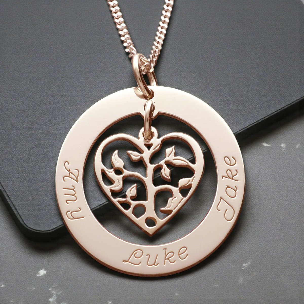 9ct Rose Gold Plated Filigree Heart Tree of Life Family Necklace - Love Silver Jewellery