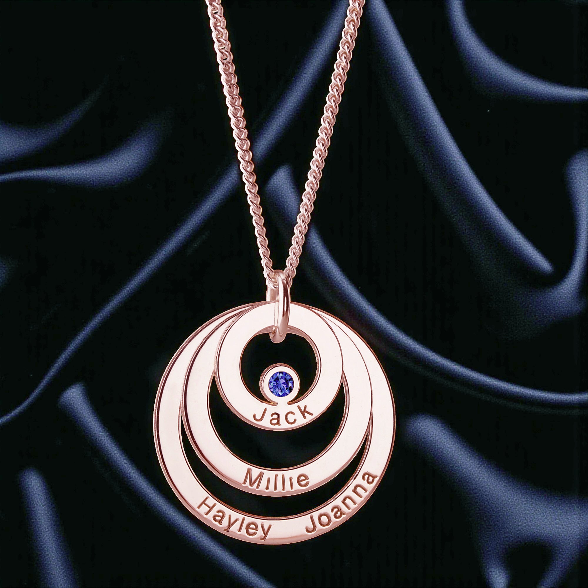 9ct Solid Rose Gold Engraved Triple Disc Personalised Family Necklace With Sapphire & Optional Chain