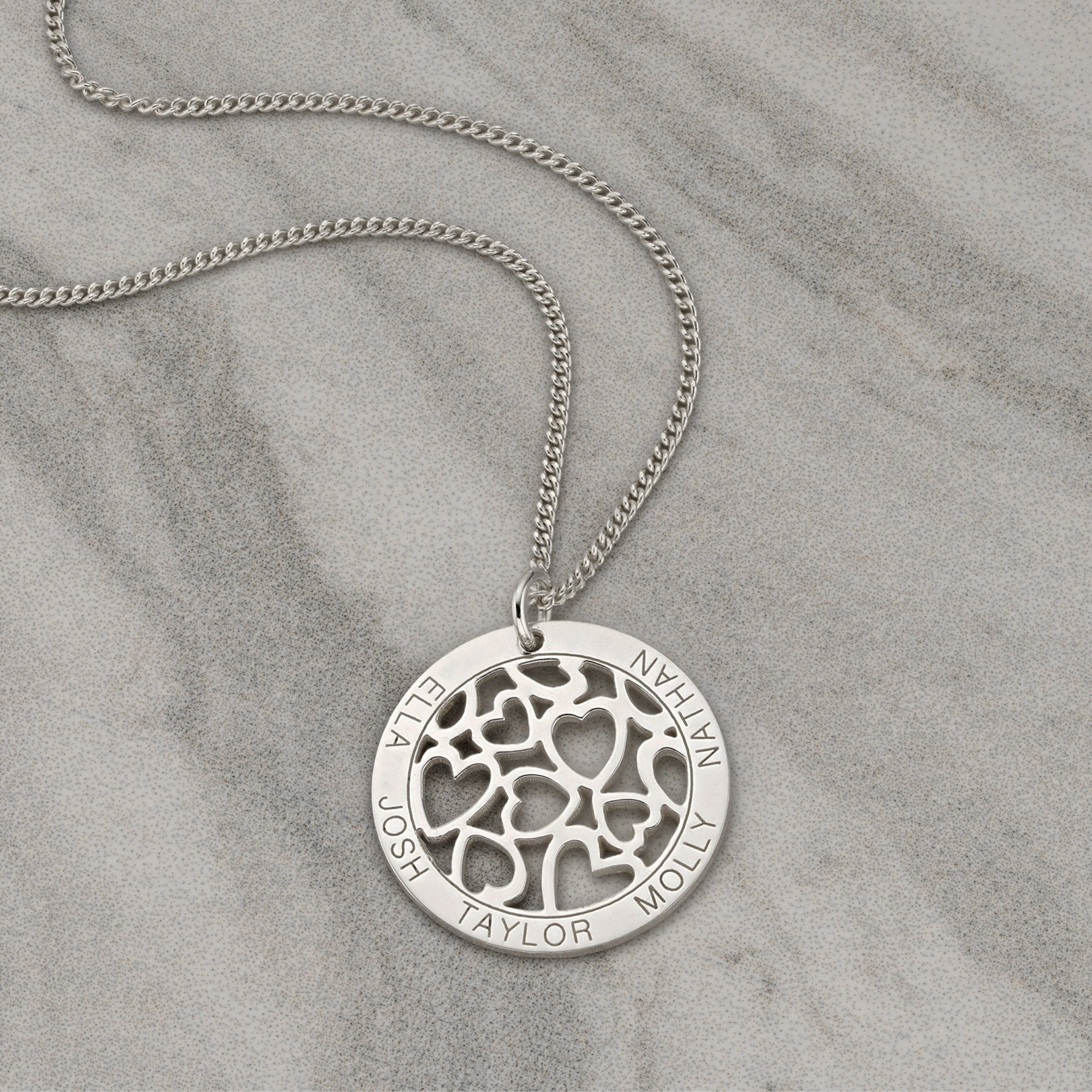 Sterling Silver Hearts in Engraved Disc Necklace