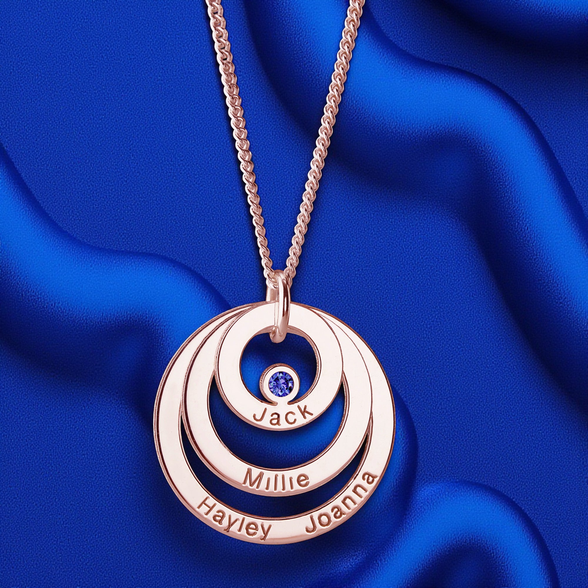 9ct Solid Rose Gold Engraved Triple Disc Personalised Family Necklace With Sapphire & Optional Chain