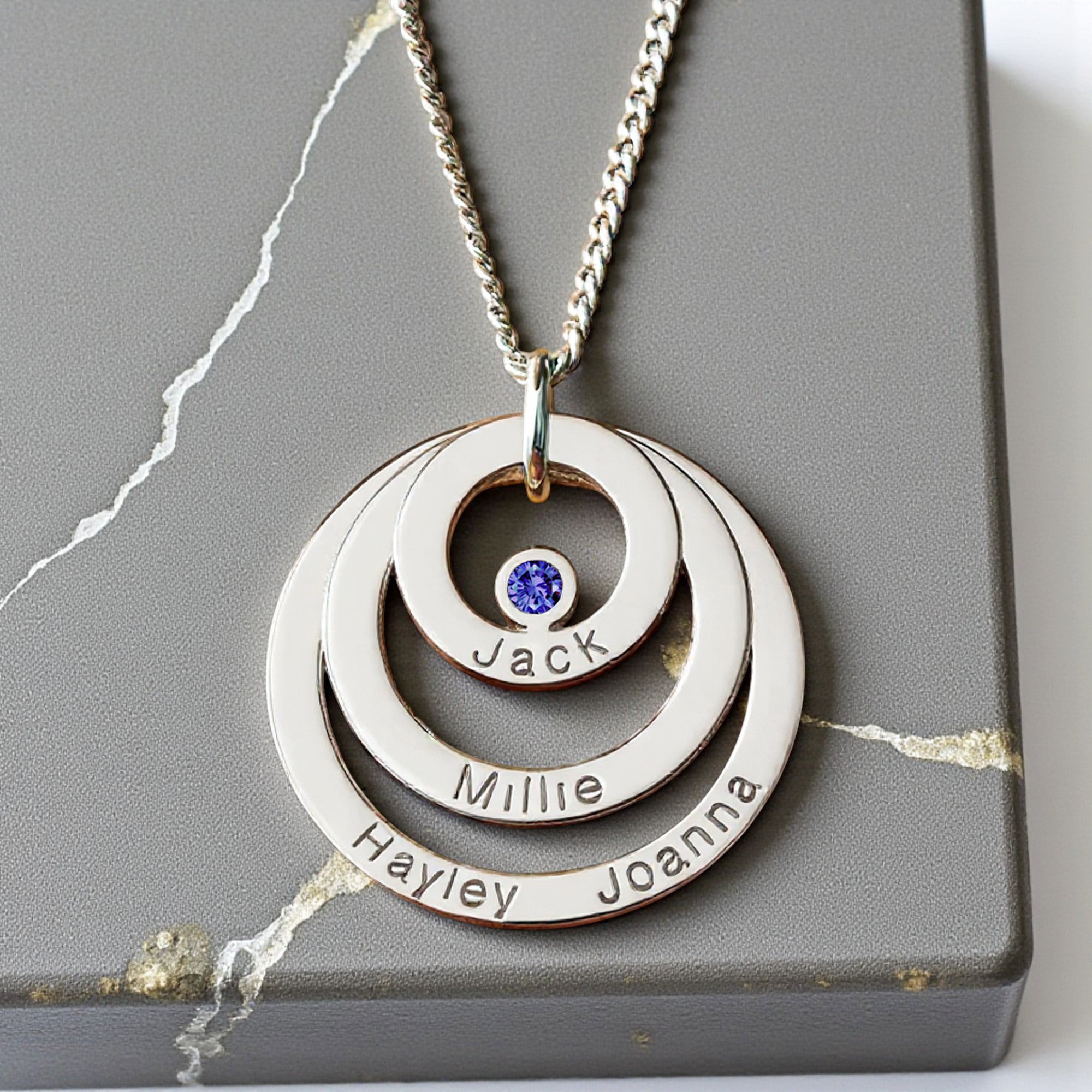 Sterling Silver Engraved Triple Disc Personalised Family Necklace With Sapphire