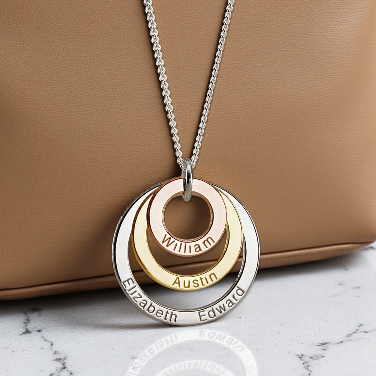 Three Colour 9ct Gold Triple Disc Personalised Family Pendant with Chain Option - Love Silver Jewellery