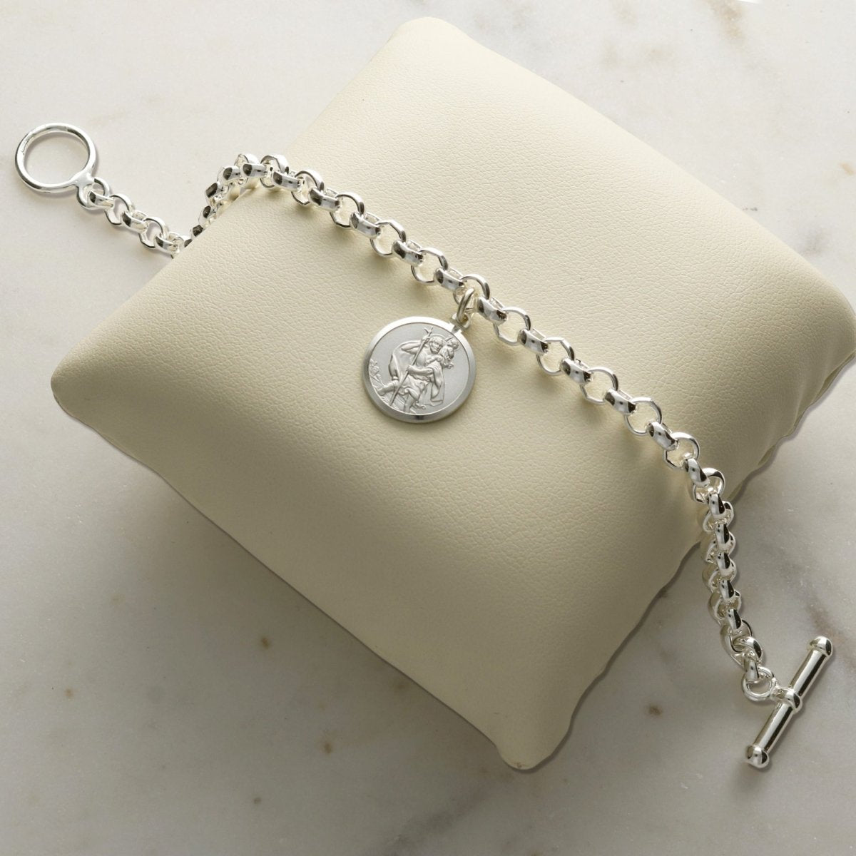 Sterling Silver Belcher T - Bar Bracelet With St Christopher Charm & Optional Engraving - Love Silver Jewellery
