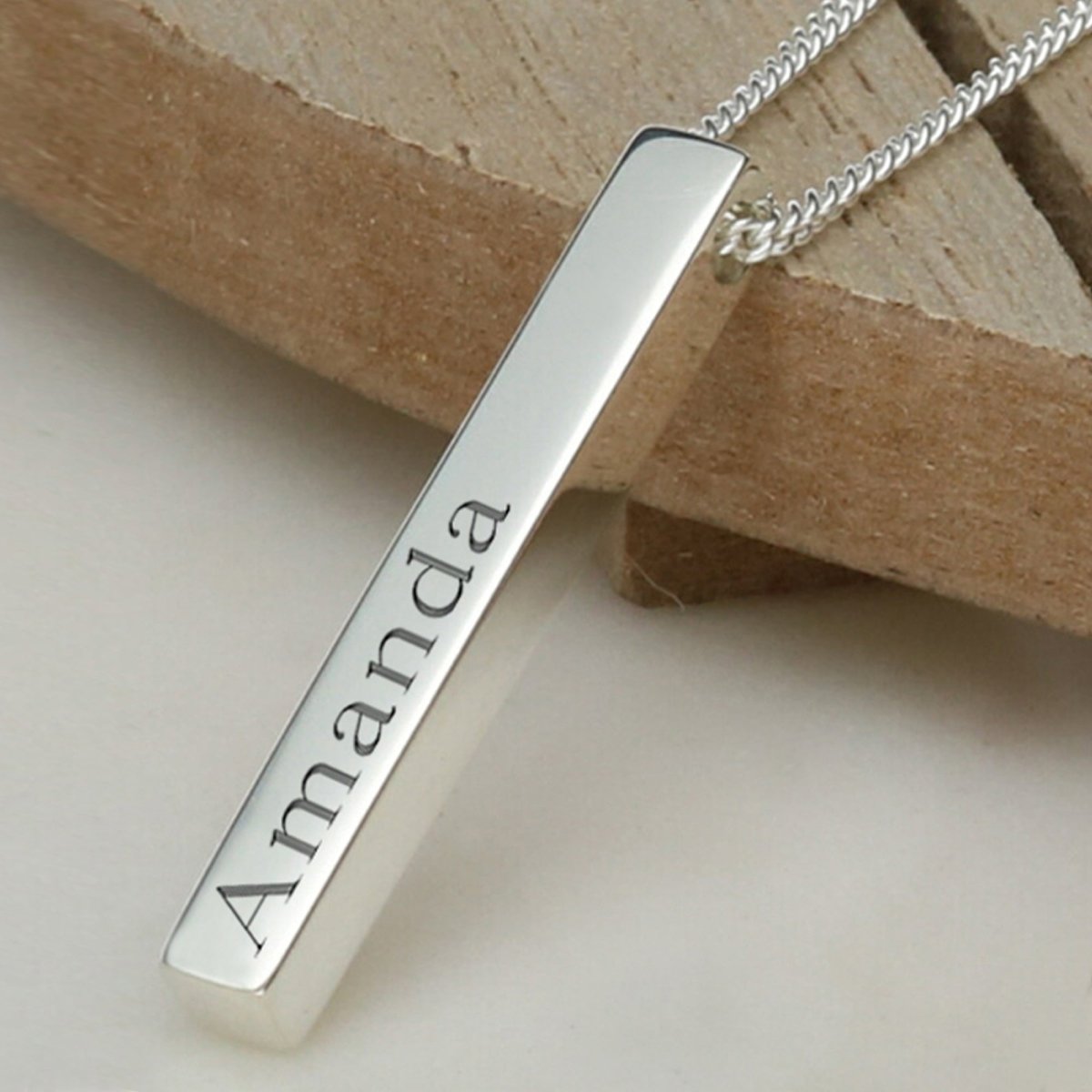 Silver 3D Engraved Name Bar Pendant With Chain - Love Silver Jewellery