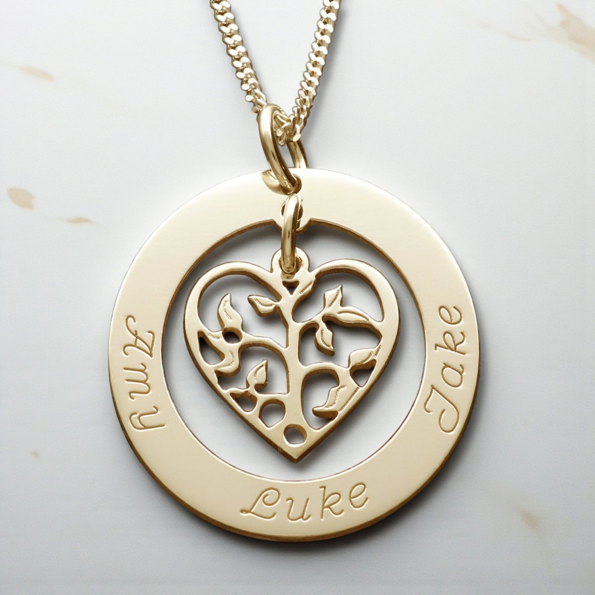 9ct Yellow Gold Filigree Heart Tree of Life Family Necklace - Love Silver Jewellery