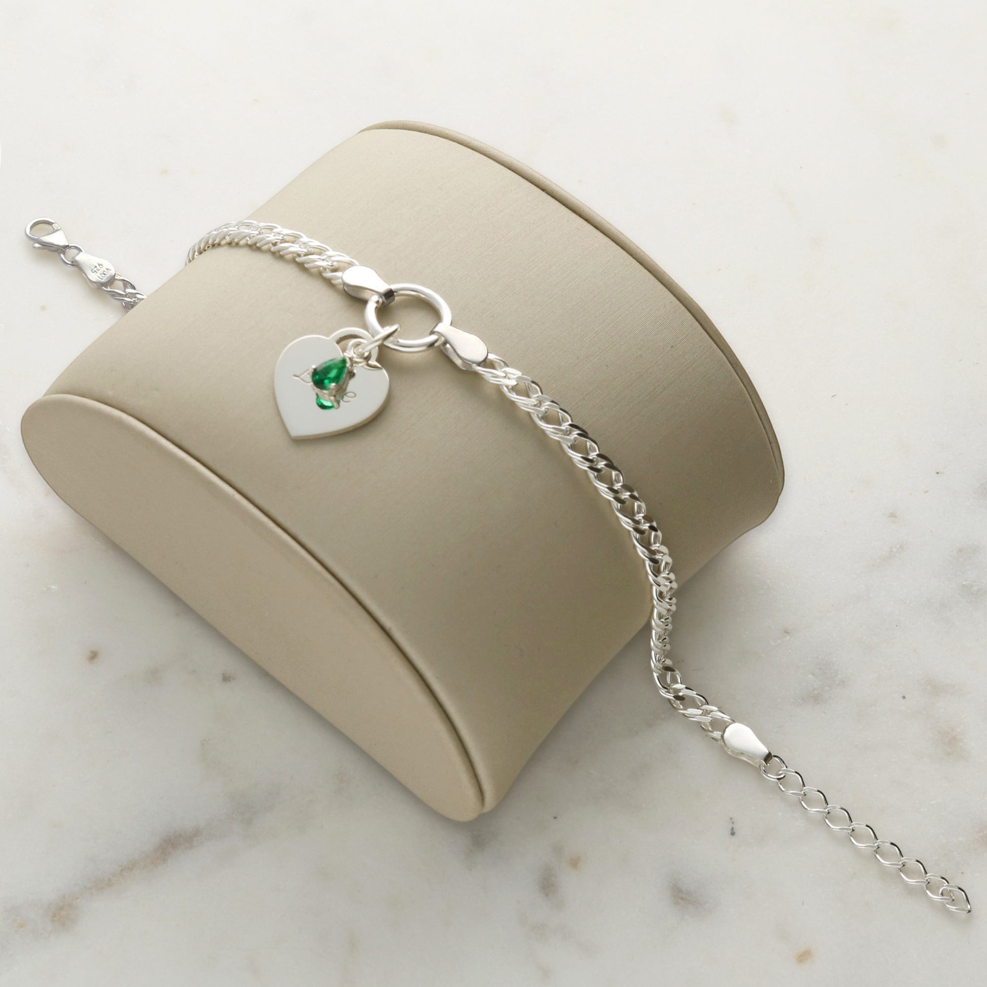 Sterling Silver Heart and Birthstone Double Curb Bracelet With Optional Engraving