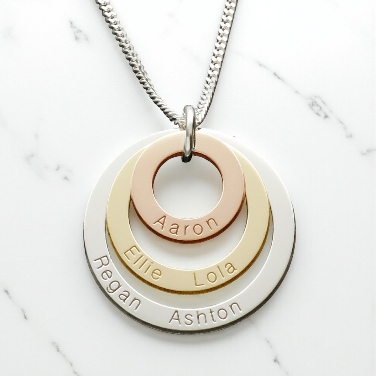 Three Colour 9ct Gold Triple Disc Personalised Family Pendant with Chain Option - Love Silver Jewellery