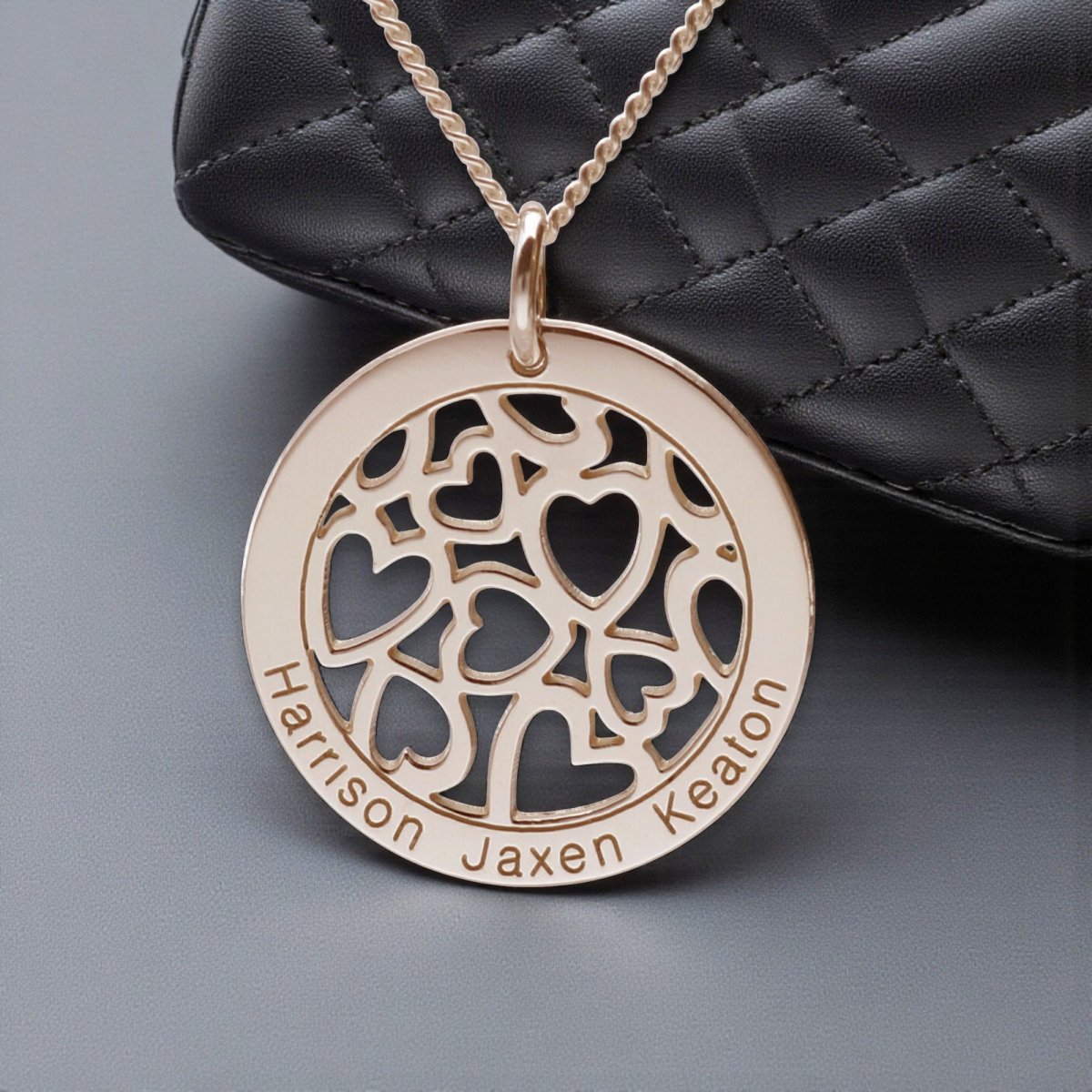 9ct Rose Gold Plated Hearts in Engraved Disc Necklace - Love Silver Jewellery