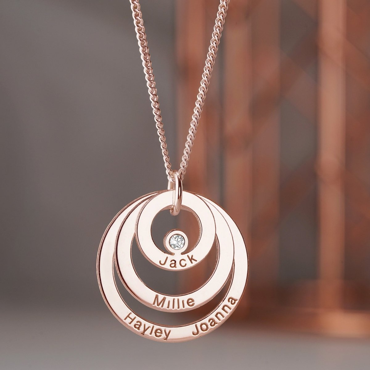 9ct Rose Gold Triple Disc Personalised Family Necklace With Diamond or Crystal - Love Silver Jewellery
