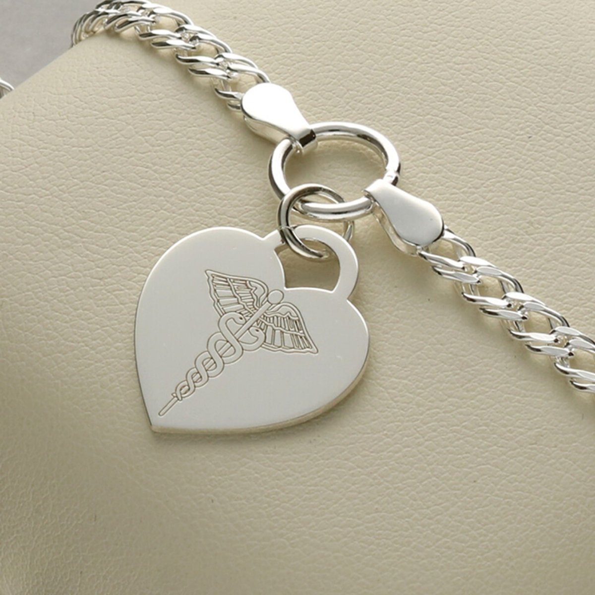 Sterling Silver Medical Alert Heart Charm Double Curb Bracelet - Love Silver Jewellery
