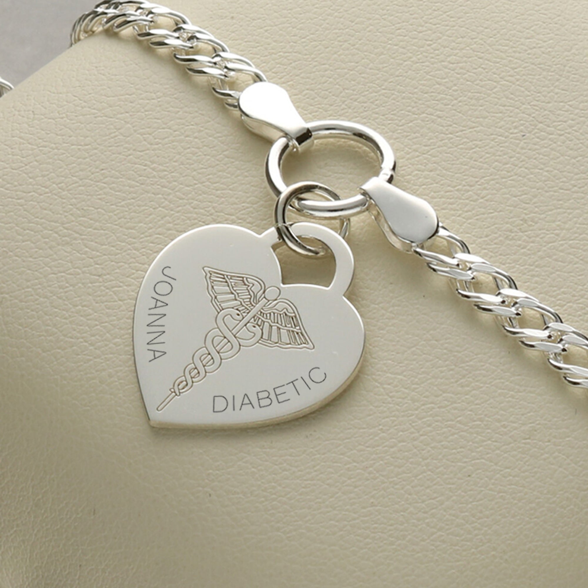 Sterling Silver Medical Alert Heart Charm Double Curb Bracelet