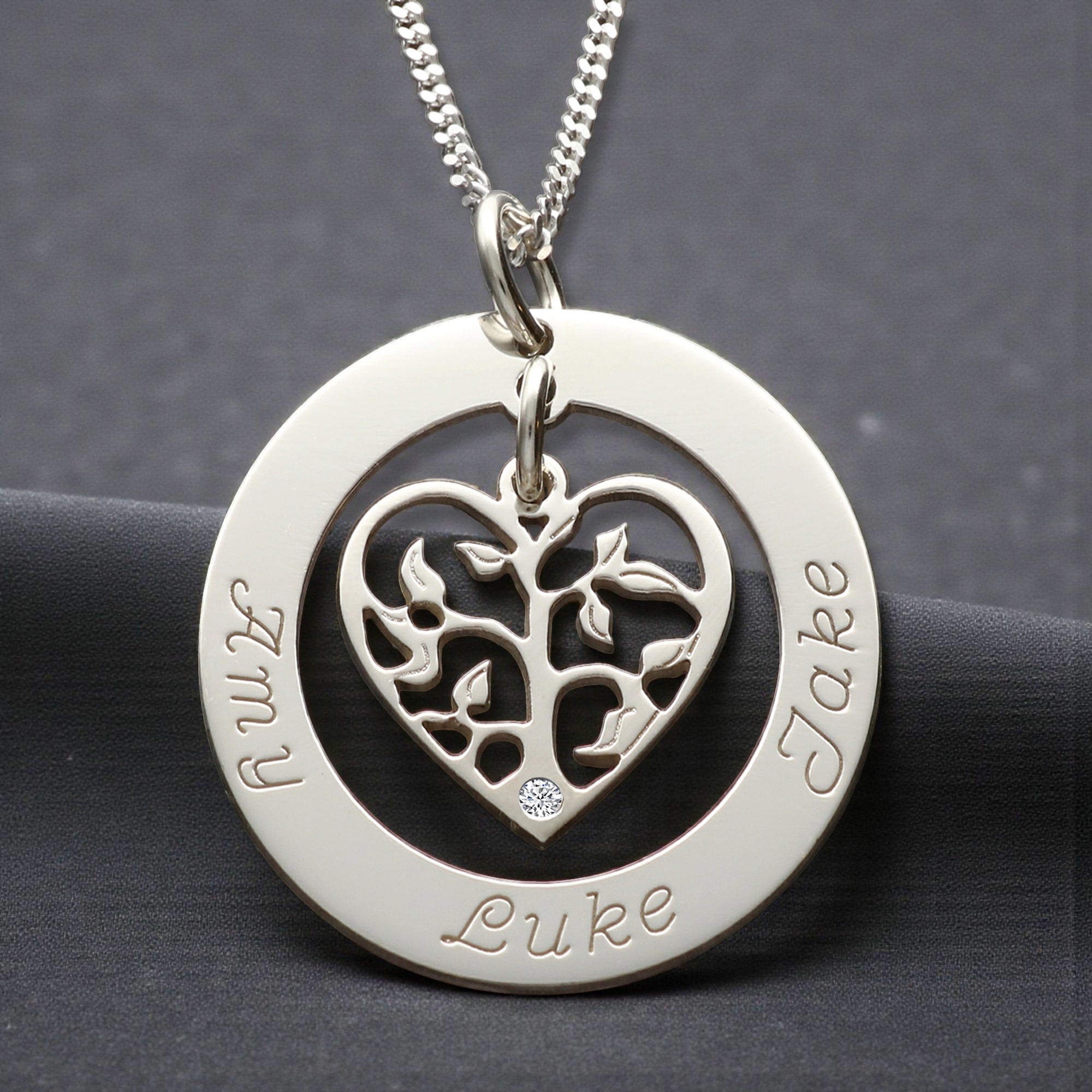 9ct White Gold Filigree Heart Tree of Life Family Necklace With Diamond