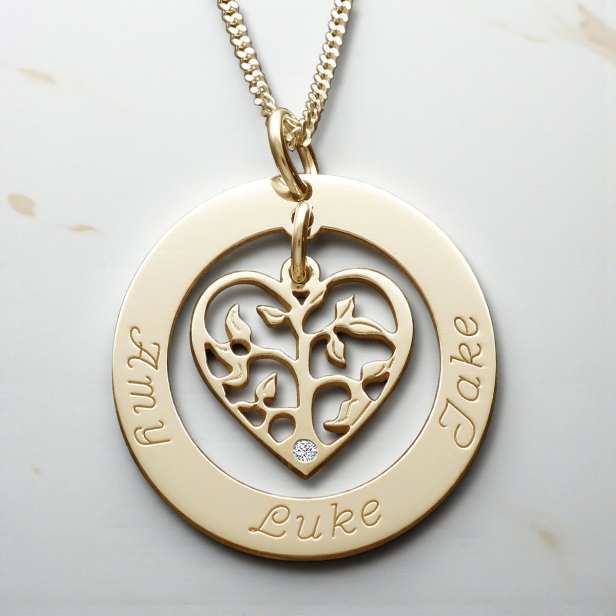 9ct Yellow Gold Filigree Heart Tree of Life Family Necklace With Diamond - Love Silver Jewellery