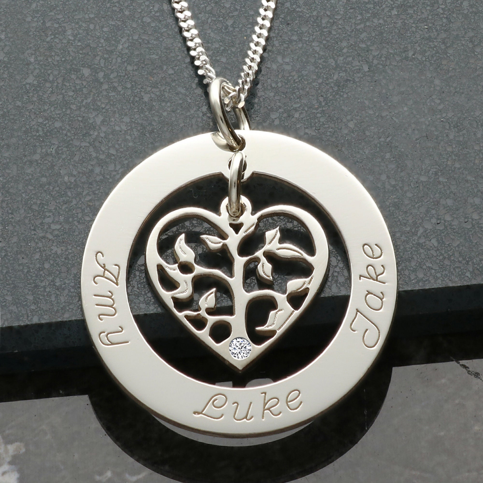 Sterling Silver Filigree Heart Tree of Life Family Necklace With Crystal Or Real Diamond