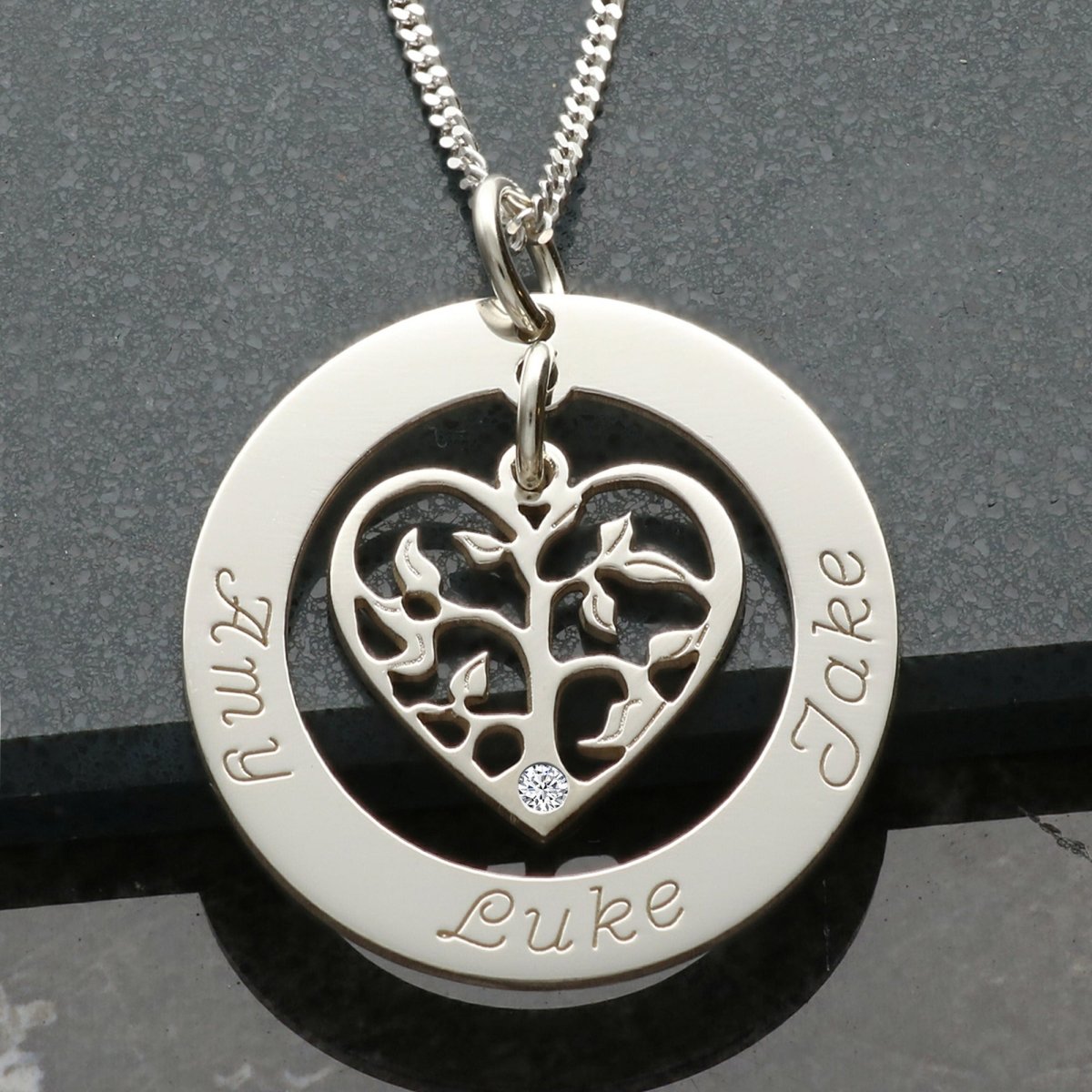 Sterling Silver Filigree Heart Tree of Life Family Necklace With Crystal Or Real Diamond - Love Silver Jewellery