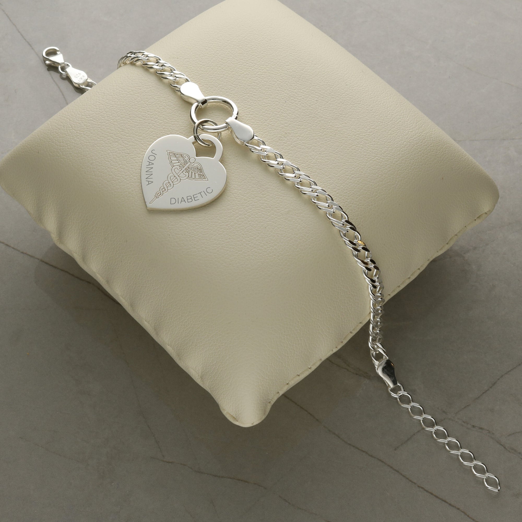 Sterling Silver Medical Alert Heart Charm Double Curb Bracelet