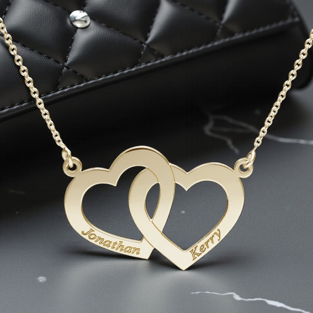9ct Yellow Gold Plated Engraved Horizontal Double Heart Pendant With Chain - Love Silver Jewellery