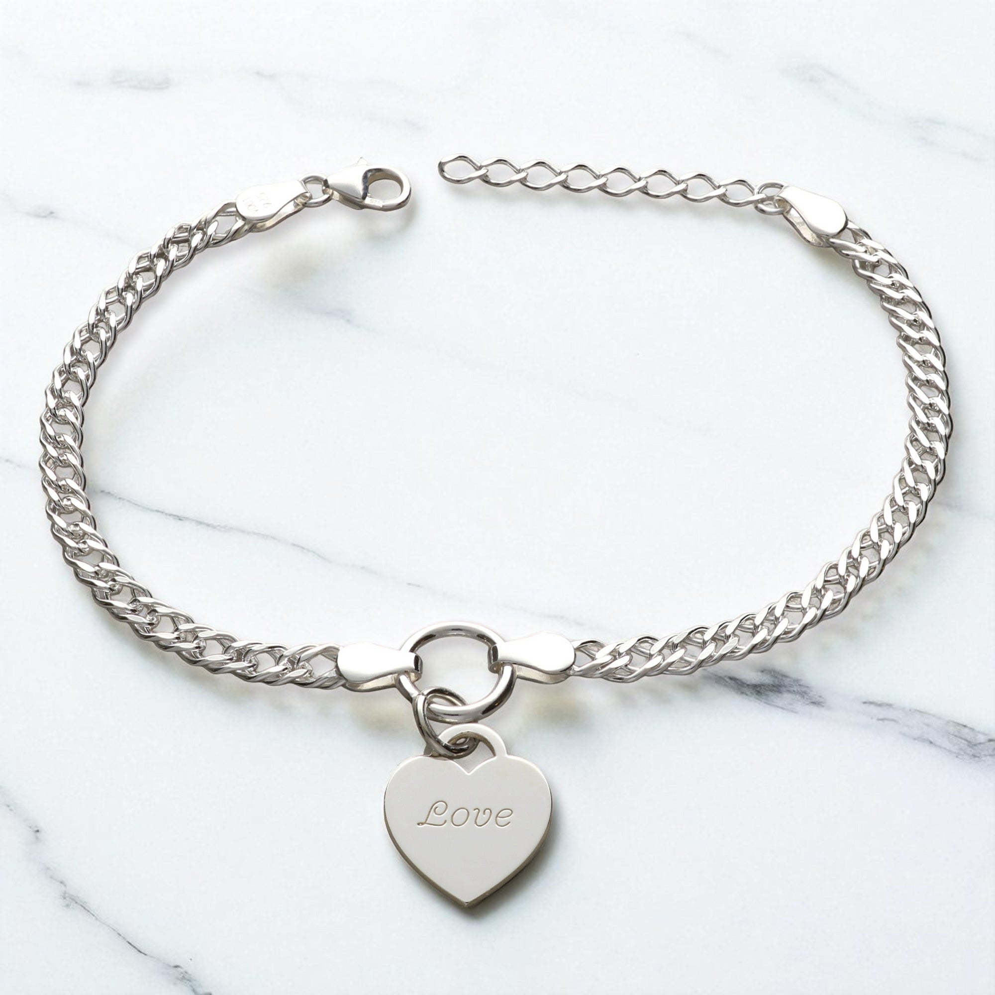 Sterling Silver Ladies Heart on Fancy Double Curb Chain Bracelet With Optional Engraving