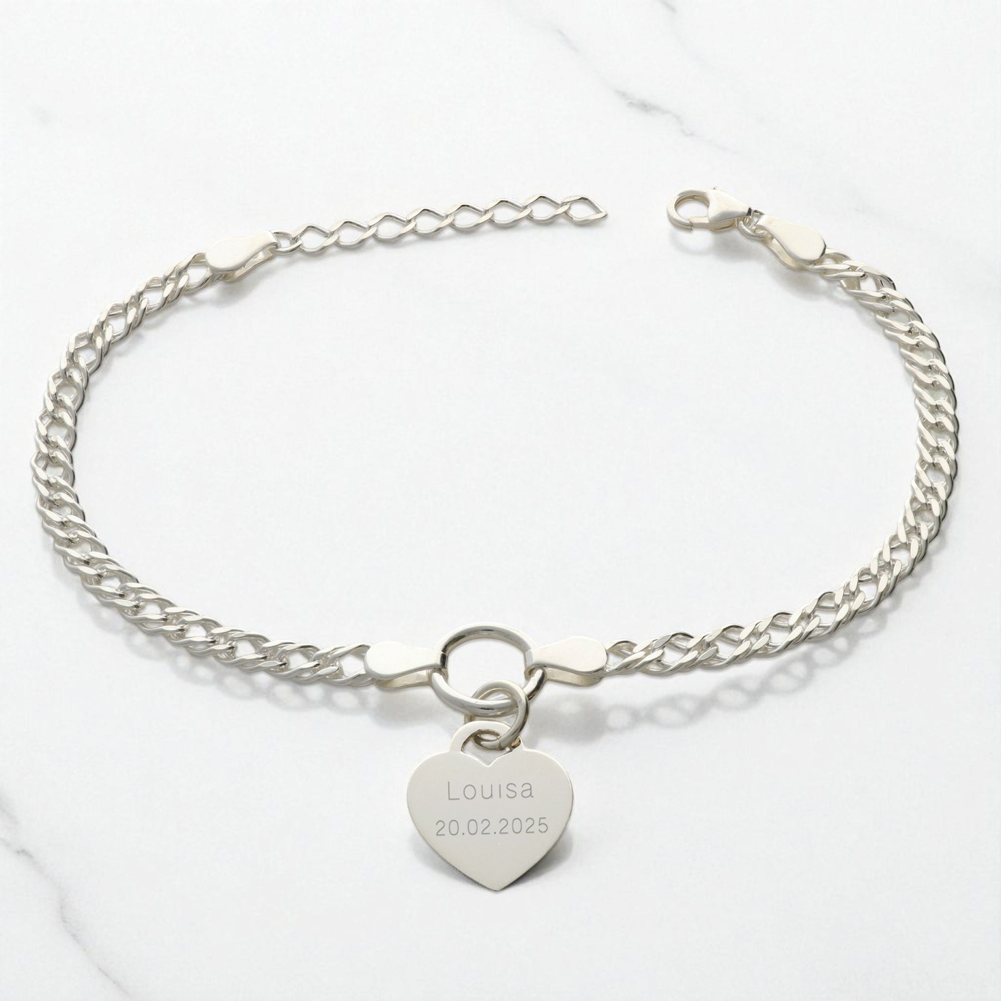 Sterling Silver Ladies Heart on Fancy Double Curb Chain Bracelet With Optional Engraving