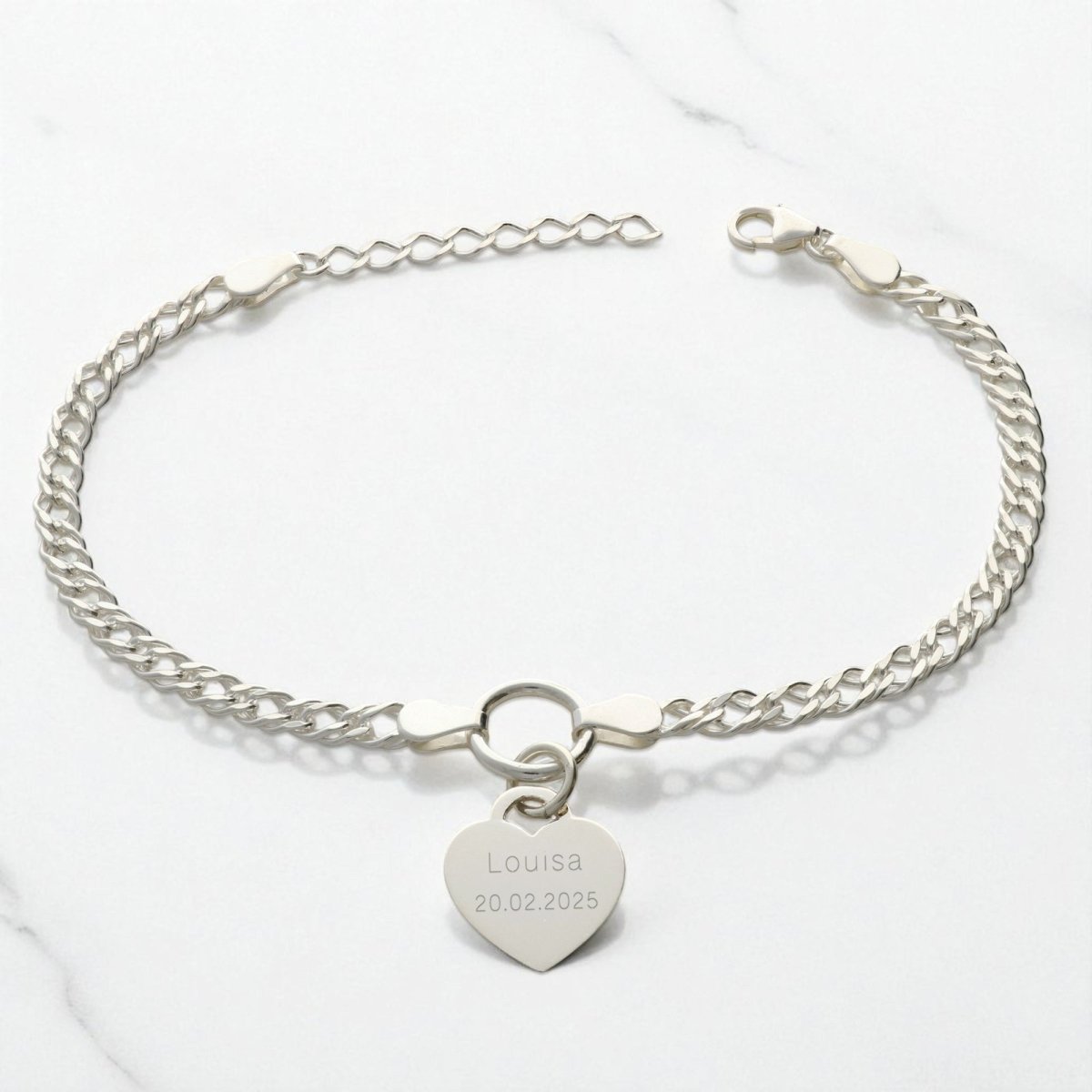 Sterling Silver Ladies Heart on Fancy Double Curb Chain Bracelet With Optional Engraving - Love Silver Jewellery