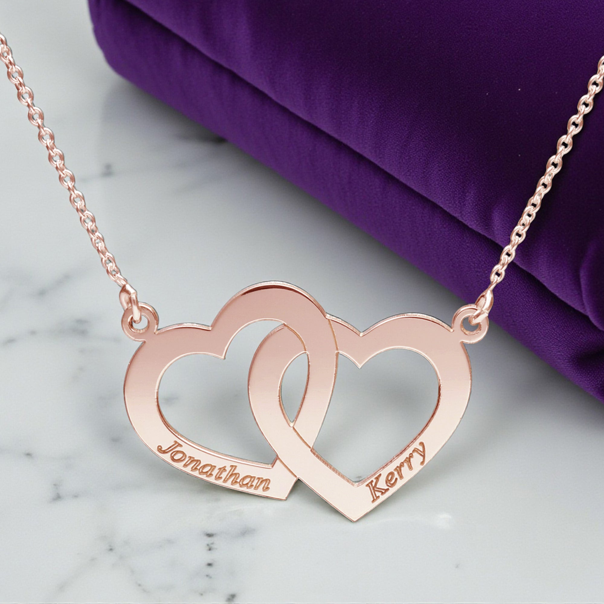 9ct Solid Rose Gold Engraved Horizontal Double Heart Necklace
