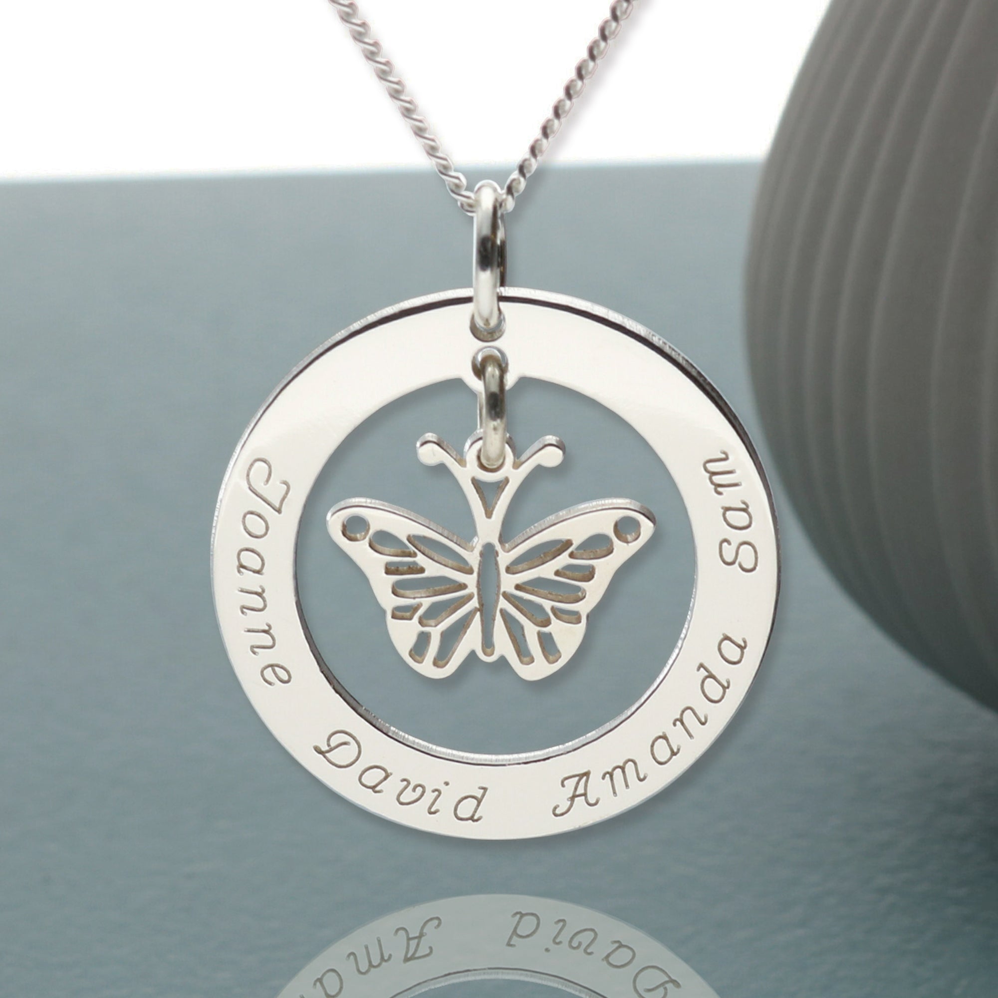 Sterling Silver Personalised Disc With Hanging Butterfly Pendant Necklace