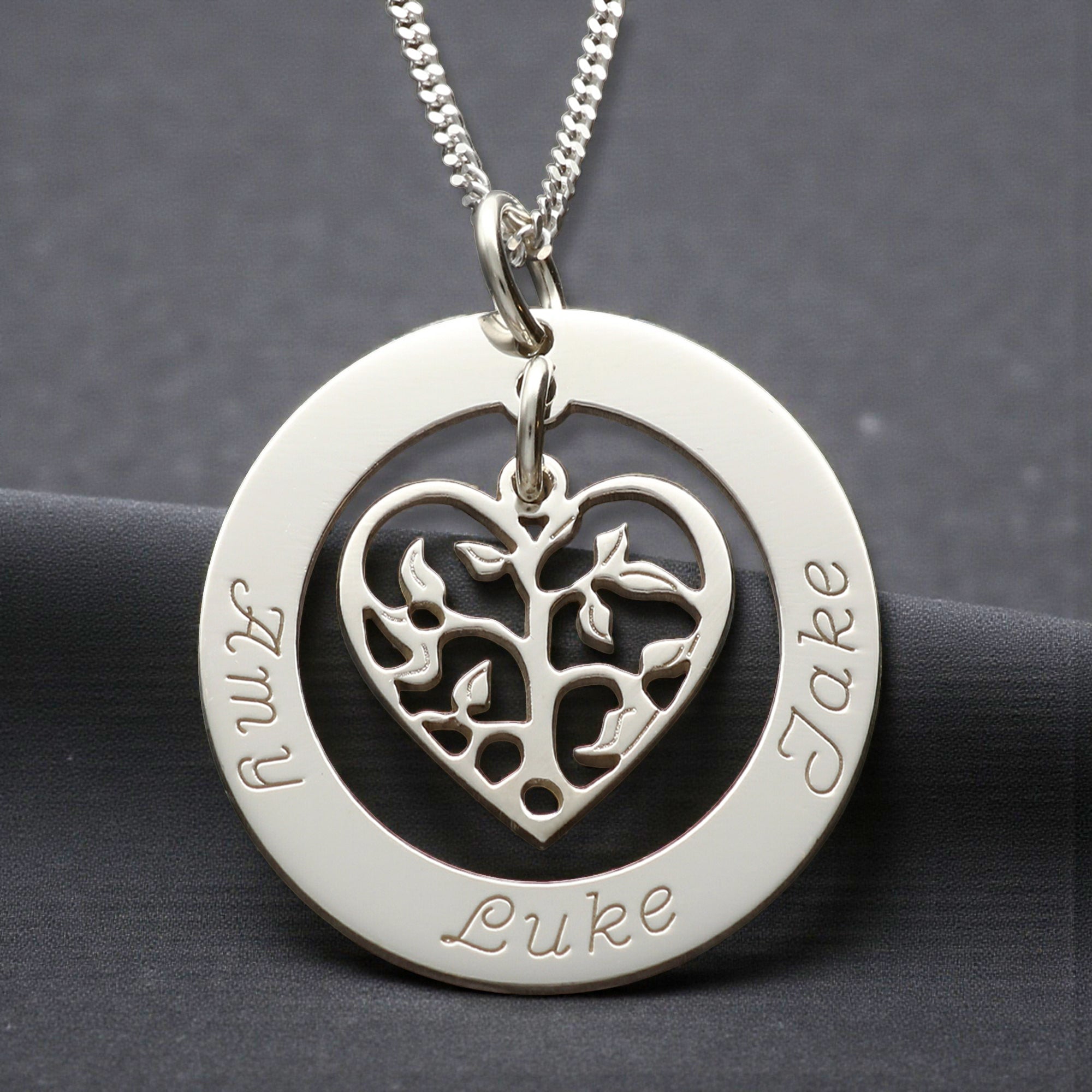 9ct White Gold Filigree Heart Tree of Life Family Necklace